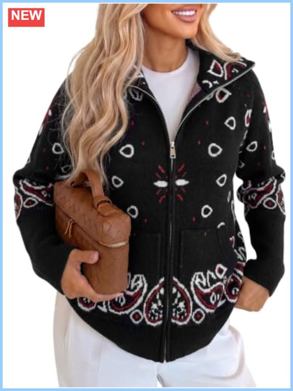 Women Zip Up Cardigan Stand Collar Knit Jacquard Sweater Pockets
